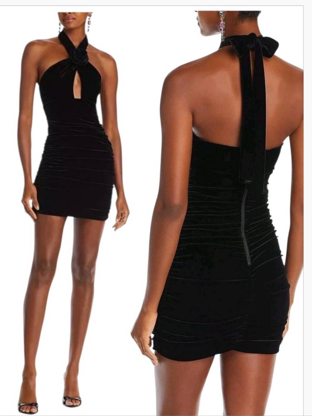 NWT Bardot Inara Rosette Halter Velour Mini Dress Black Velvet Cocktail